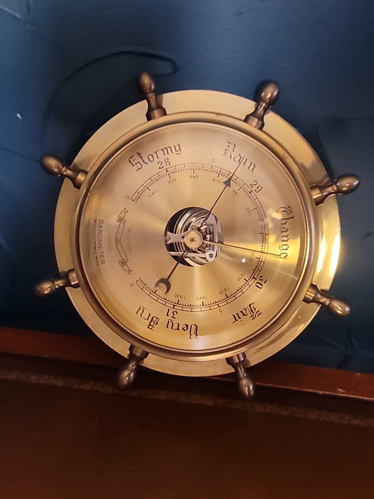 Lacquered Brass Ship's Wheel Barometer With Beveled Glass