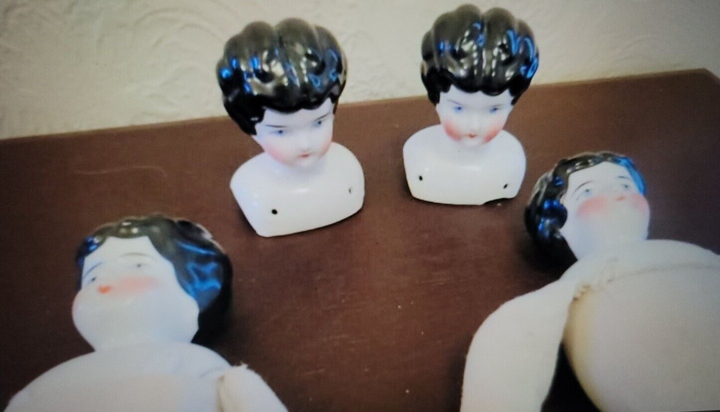 LOT of 4 Antique Bisque Porcelain German China Head Cloth Body Low Brow Dolls