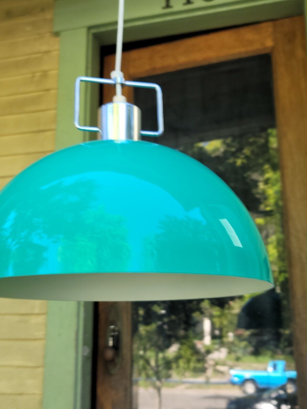 Vintage MCM Lightolier Atomic Dome Plastic Green Light Fixture Hanging Pendant 