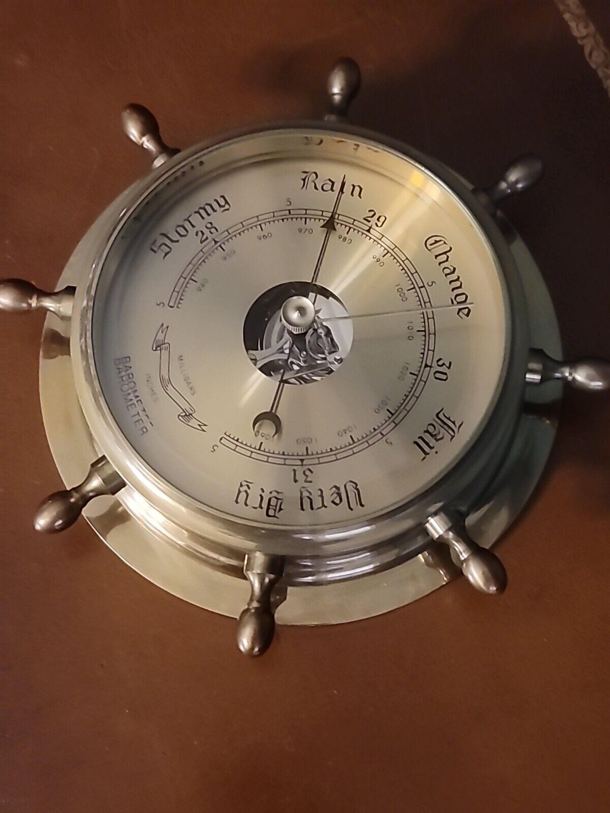 Lacquered Brass Ship's Wheel Barometer With Beveled Glass