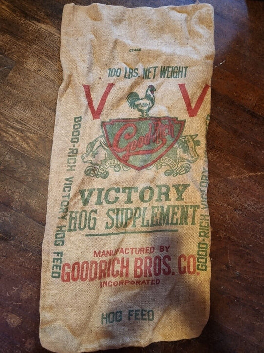 Vintage Good Rich Victory Large Burlap Sacks Wayne Seeds Hog Supplement 