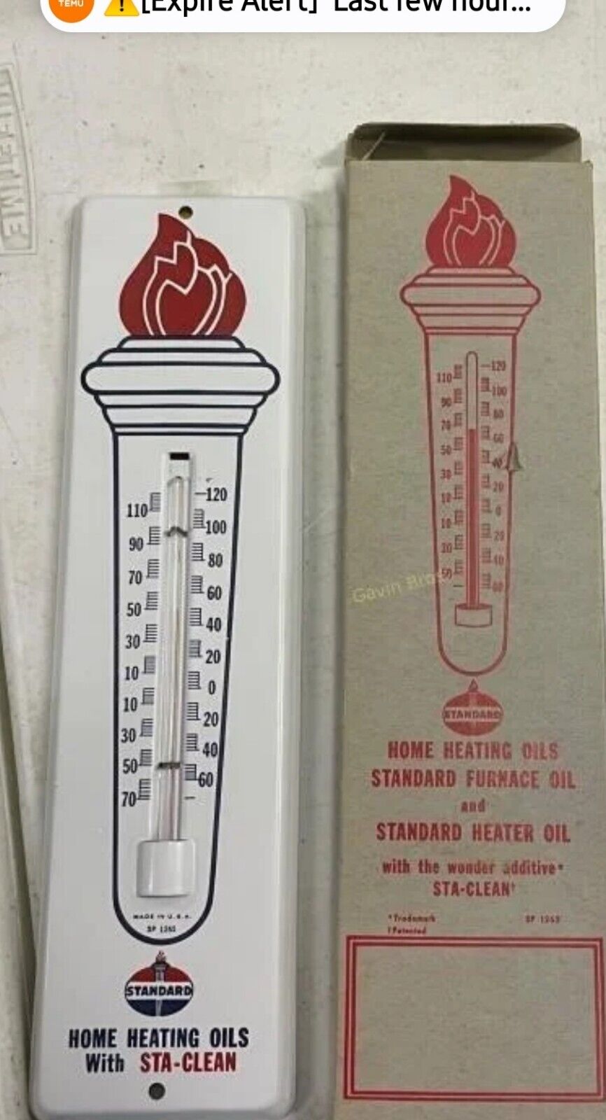 Vintage NOS Standard Oil Advertising Thermometer Standard Flame Fuel Oil W/ Box