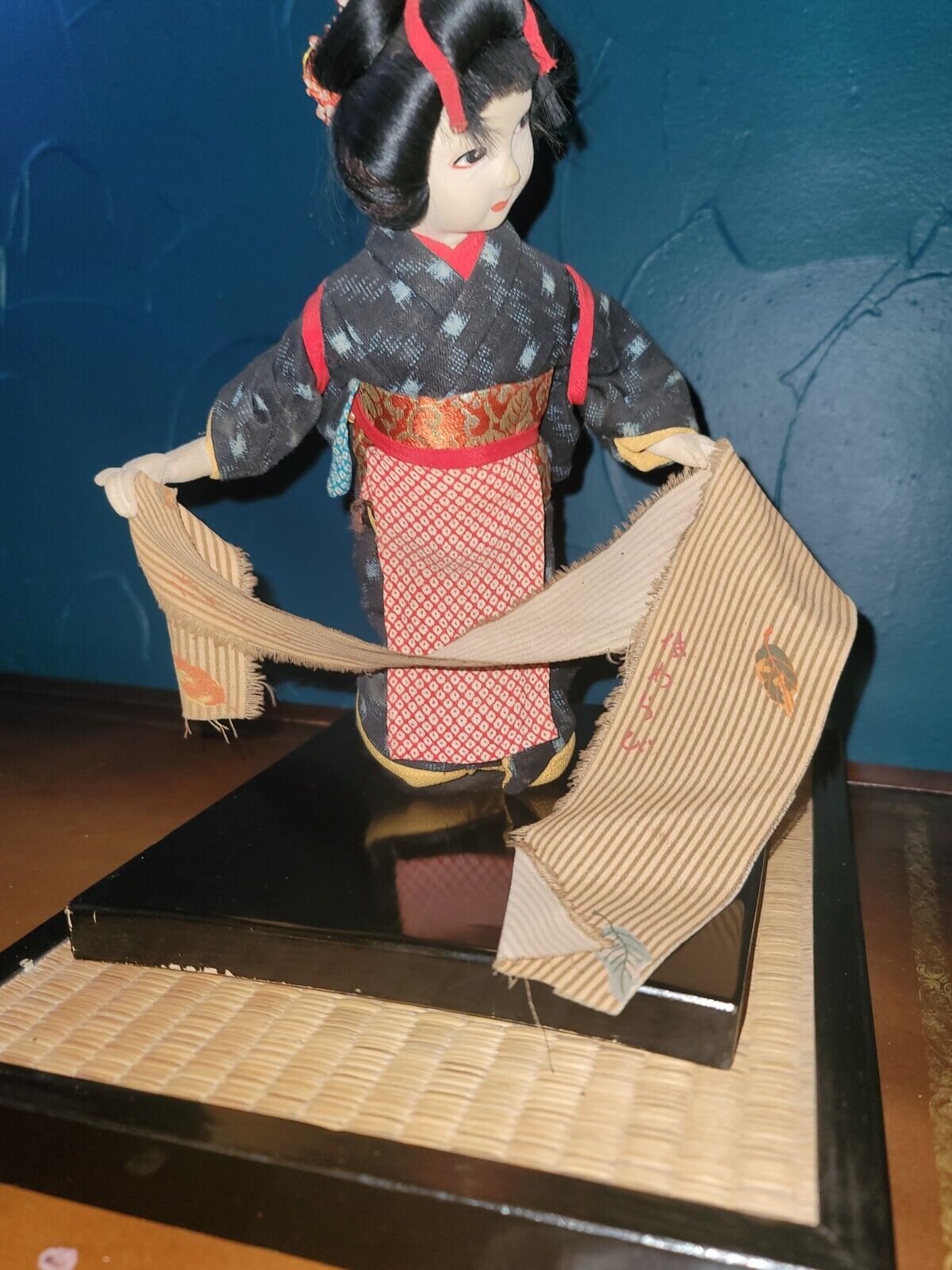 Vintage Japanese 10" Ichimatsu Girl Doll In Elaborate Kimono Wood Base MCM