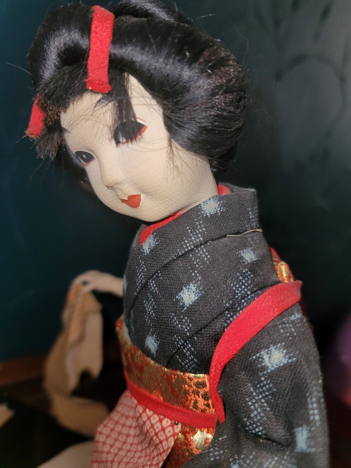 Vintage Japanese 10" Ichimatsu Girl Doll In Elaborate Kimono Wood Base MCM