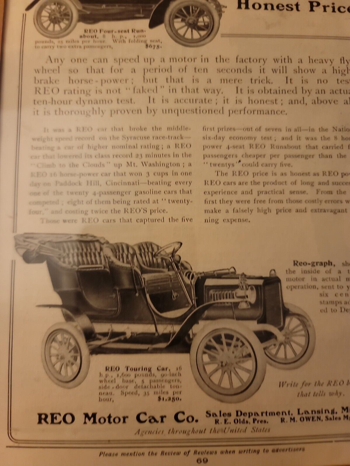 Harvey’s Wallhangers Early 1900s Detroit REO MOTOR CAR COMPANY Advertisement  