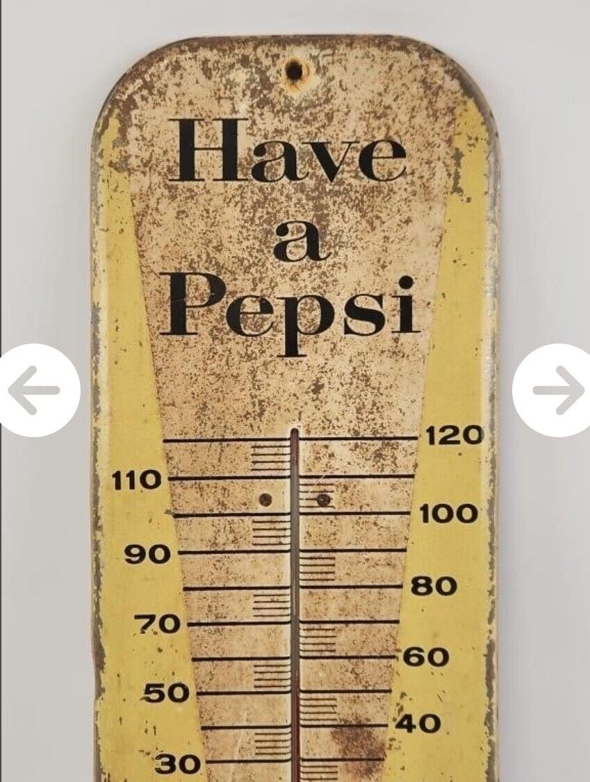 VINTAGE ADVERTISING 1957  PEPSI COLA SODA TIN WALL THERMOMETER  Great Patina