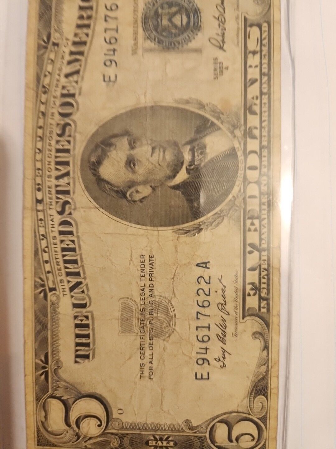 silver certificate five dollar 1953 series A blue stamp 