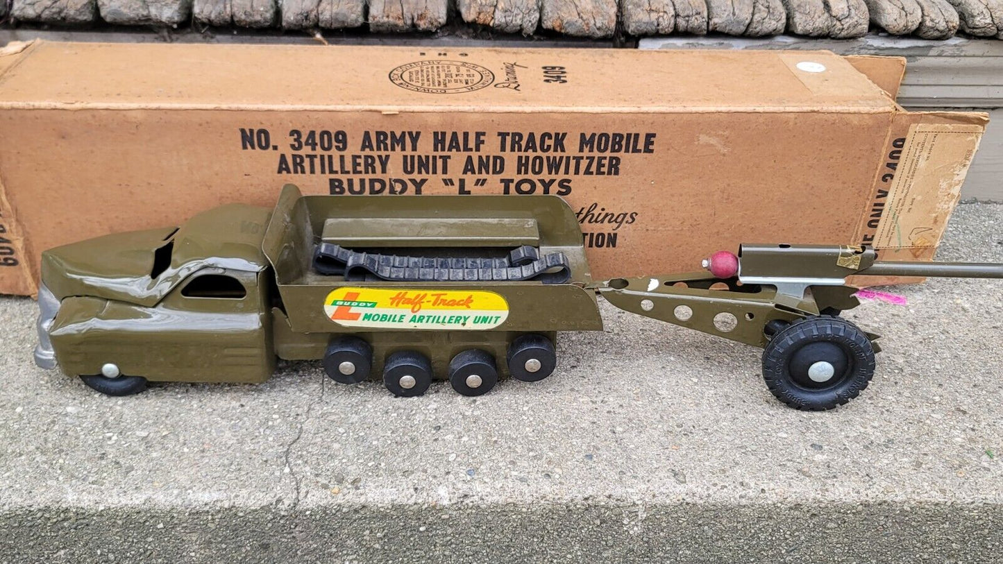 Rare Buddy L 409 Half Track mobile Artillery unit with cannon and Box. 1940s 50s