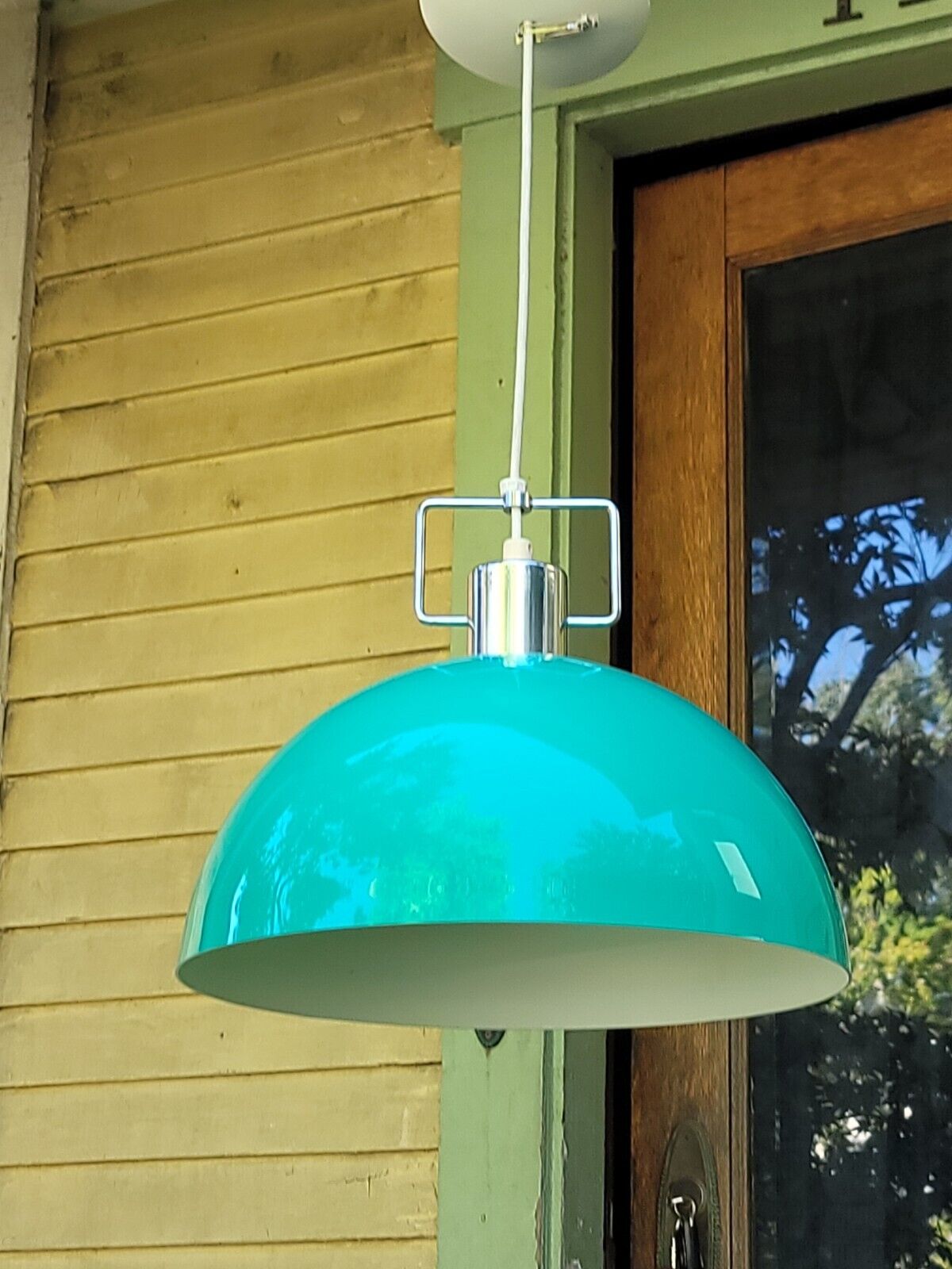 Vintage MCM Lightolier Atomic Dome Plastic Green Light Fixture Hanging Pendant 