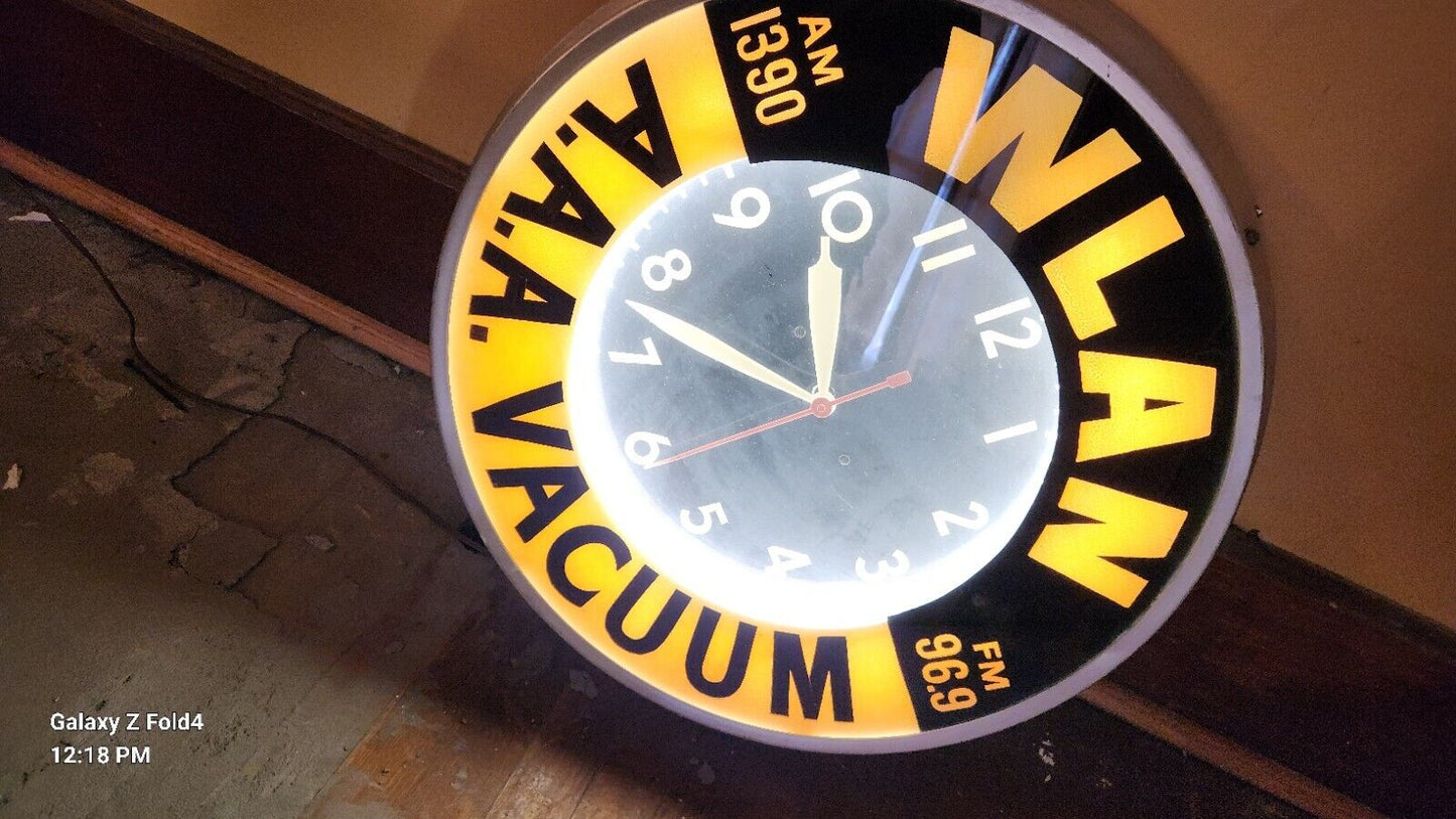 Vintage  A.A.A. Vacuum WLAN Radio WALL CLOCK  MCM Electric Advertising Runs 21" 