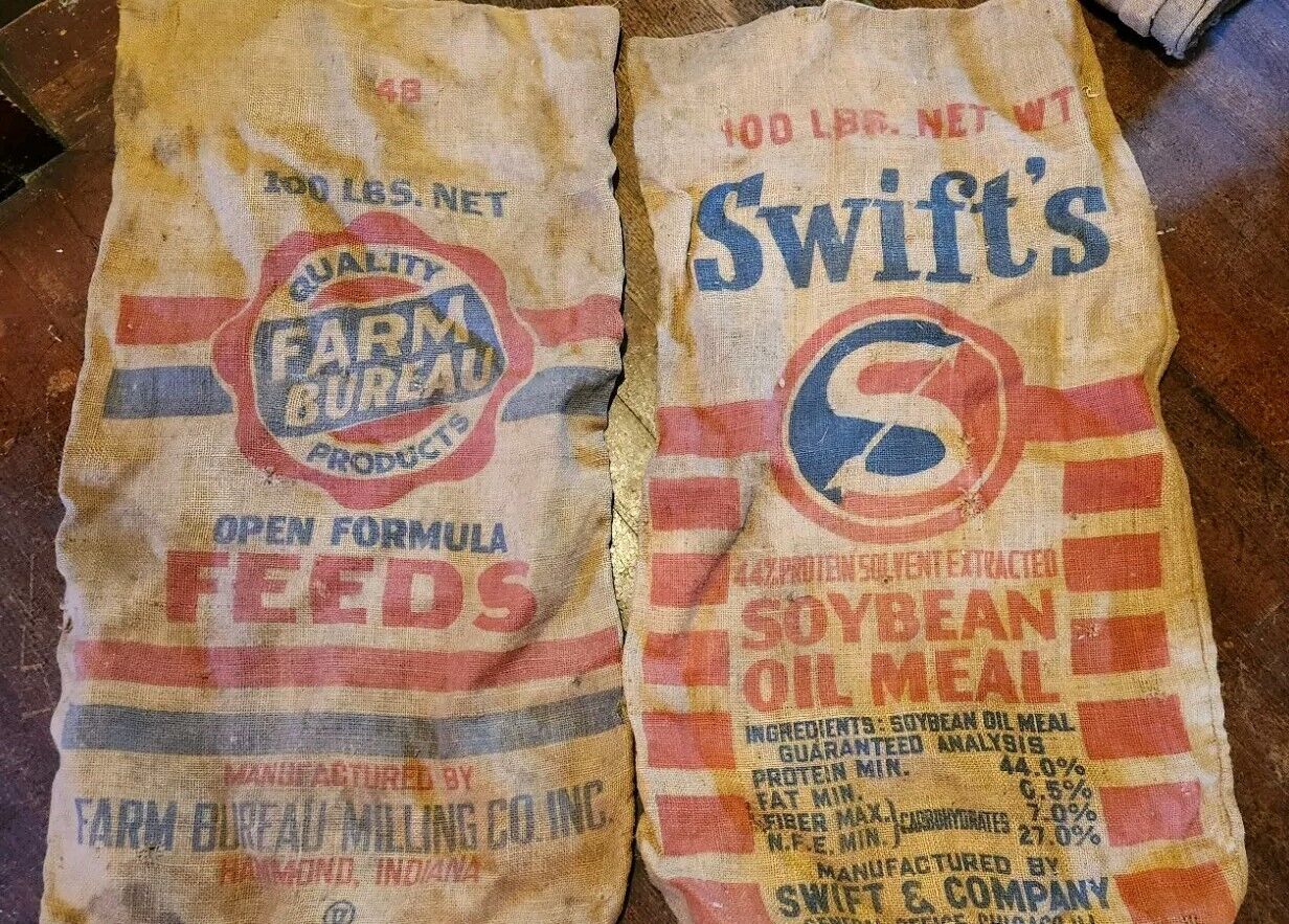 Vintage Farm Swifts Victory Large Burlap Sacks Wayne Seeds Hog 