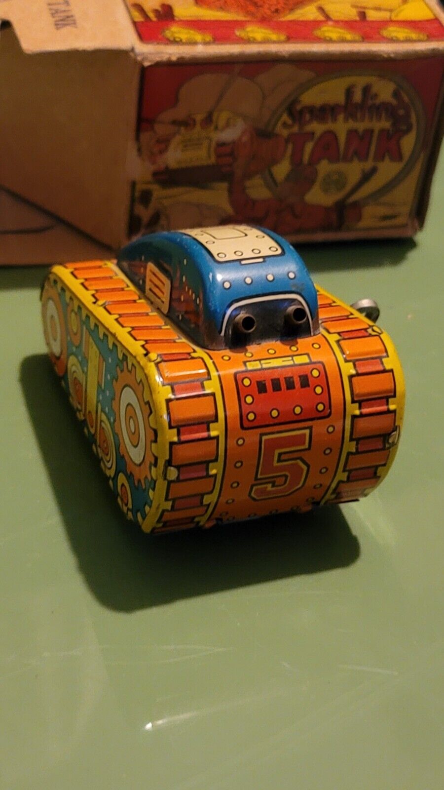 MARX 1950's SPARKLING TANK TIN MIB WINDUP TOY ORANGE BLUE Mint Condition W/ BOX 