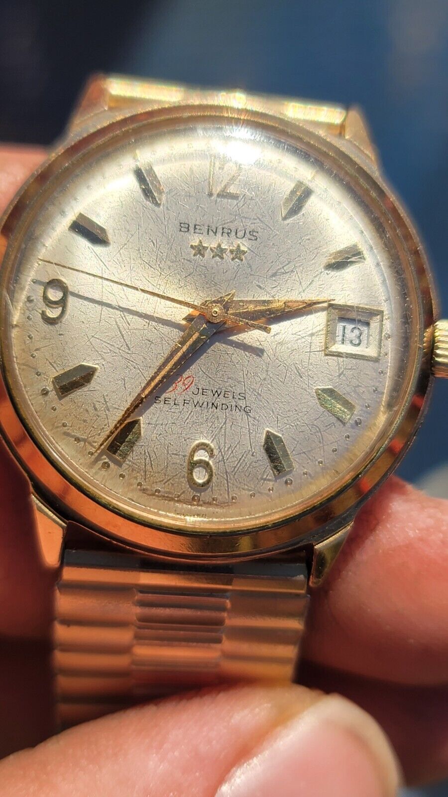 Vtg Benrus Gold Plated 39 Jewels Automatic Date Watch Series 7001 Runs Great B