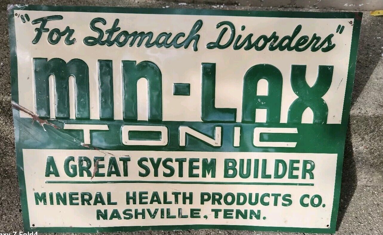 Vintage Min-Lax Tonic Embossed Tin Sign Measures 20' Across General Store Farm B