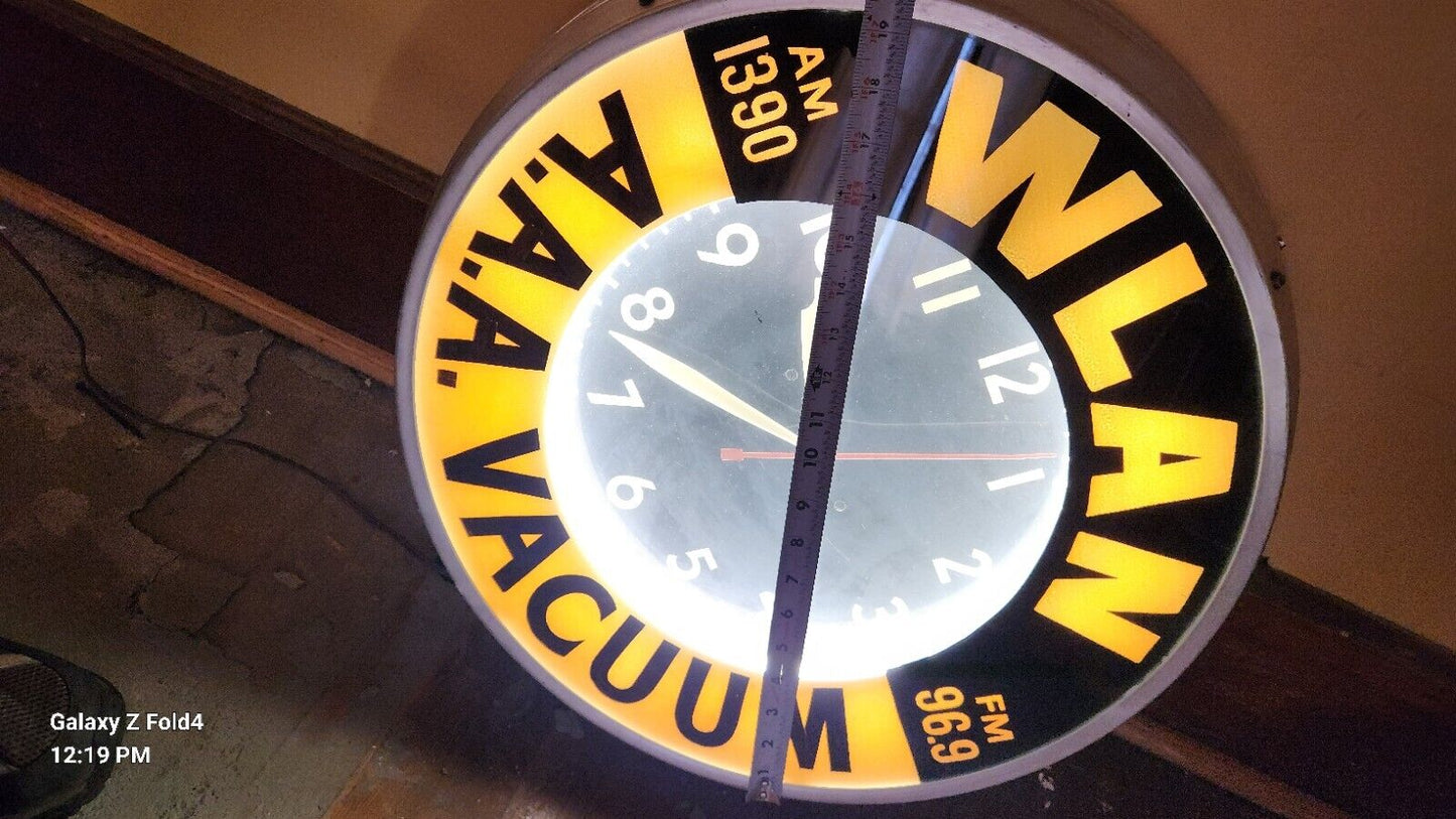 Vintage  A.A.A. Vacuum WLAN Radio WALL CLOCK  MCM Electric Advertising Runs 21" 