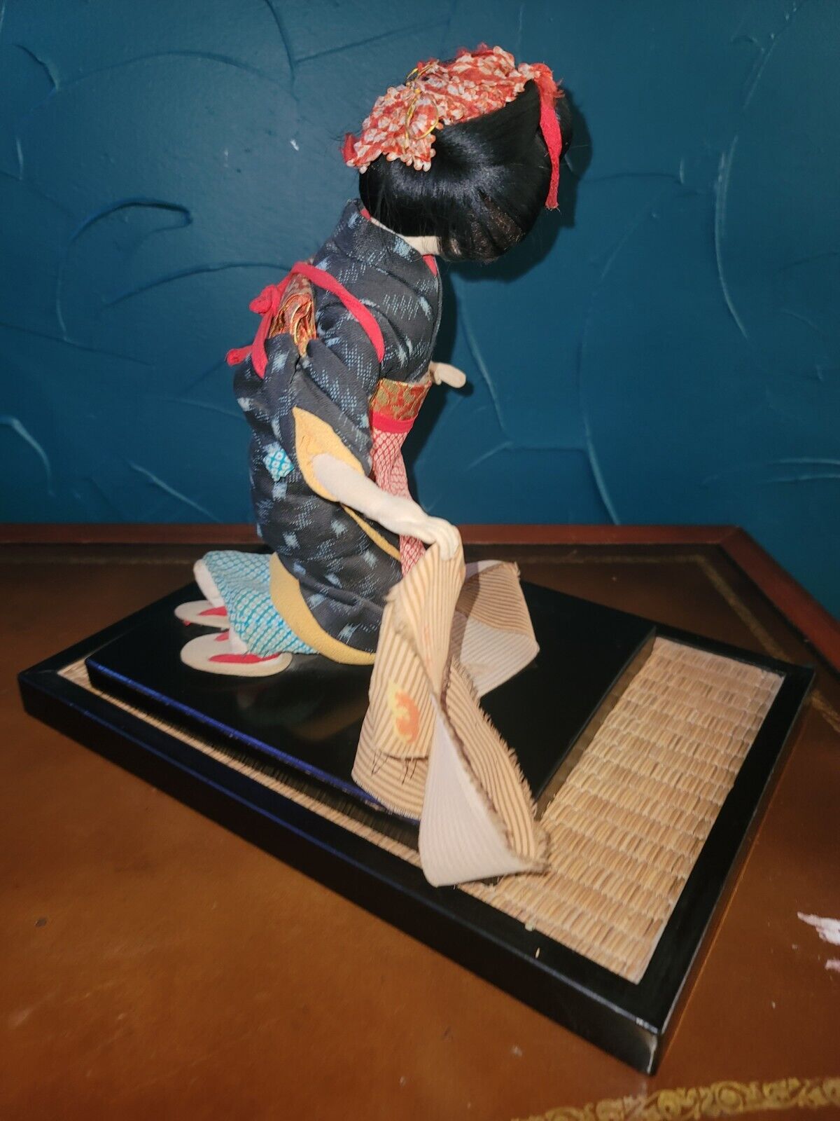 Vintage Japanese 10" Ichimatsu Girl Doll In Elaborate Kimono Wood Base MCM