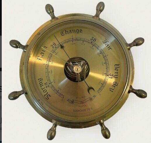 Lacquered Brass Ship's Wheel Barometer With Beveled Glass