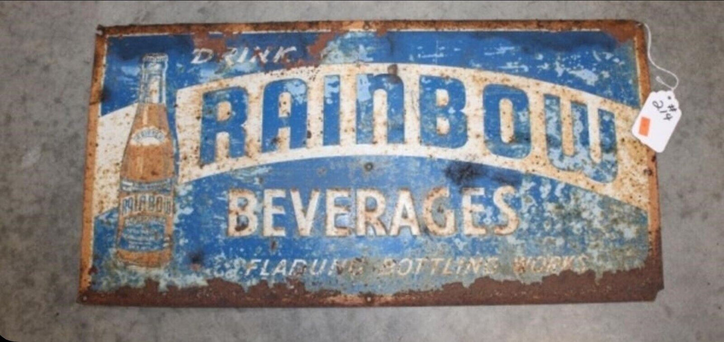 Original Rainbow Beverage Sign 24" X 12" Patina Man Cave Barn Antique Decor 