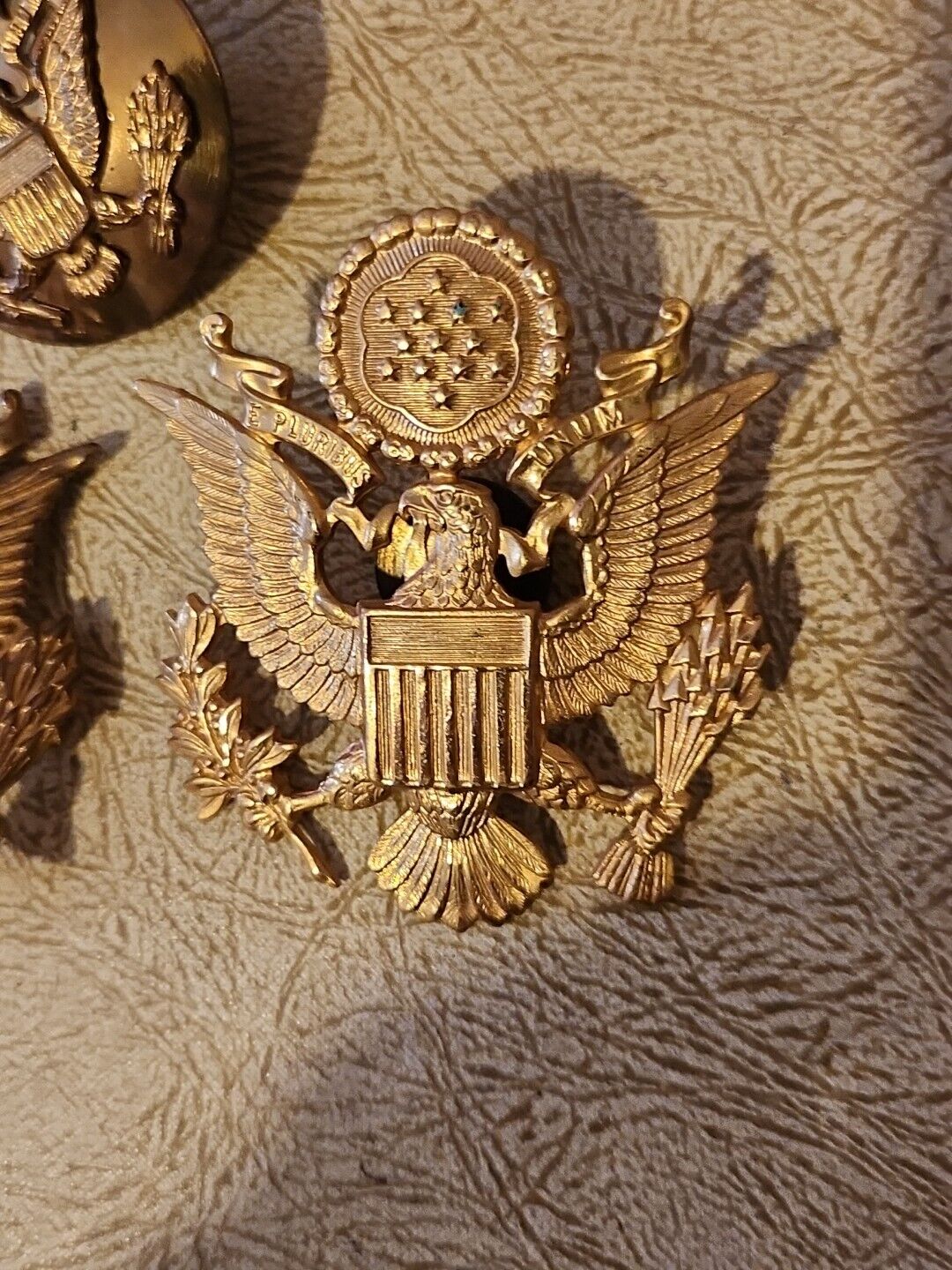 Lot Of 3 WWII Brass Eagle US Army Pin Military Hat Lapel Screw Back Vintage