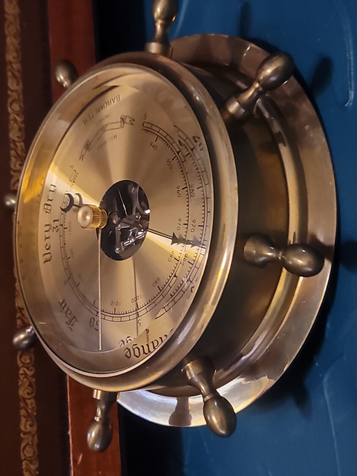 Lacquered Brass Ship's Wheel Barometer With Beveled Glass