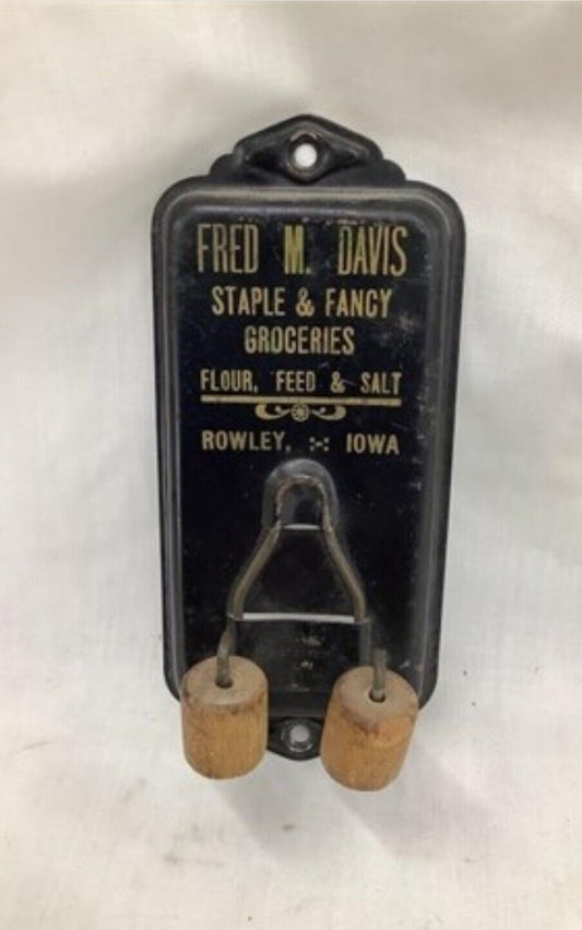 Antique Vintage Fred M. Davis, Rowley Iowa Adv. Metal Broom HOLDER Barn Farm 