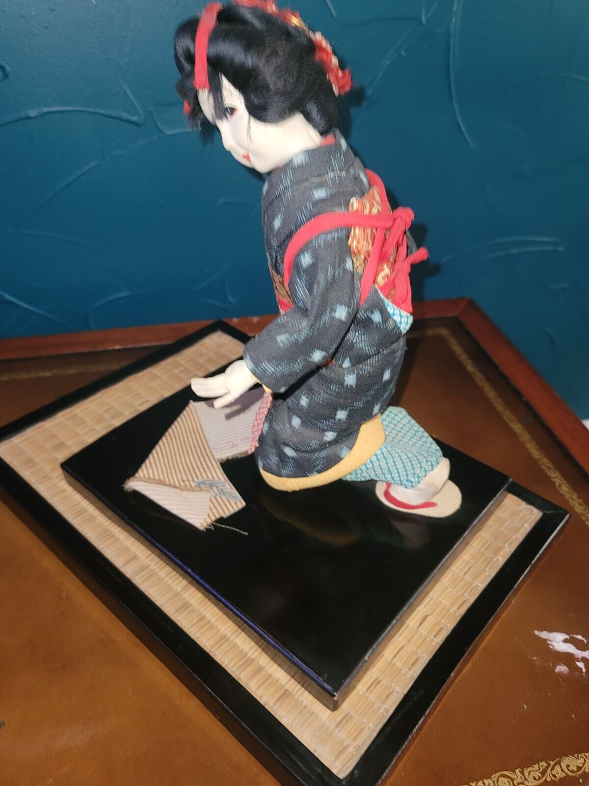 Vintage Japanese 10" Ichimatsu Girl Doll In Elaborate Kimono Wood Base MCM