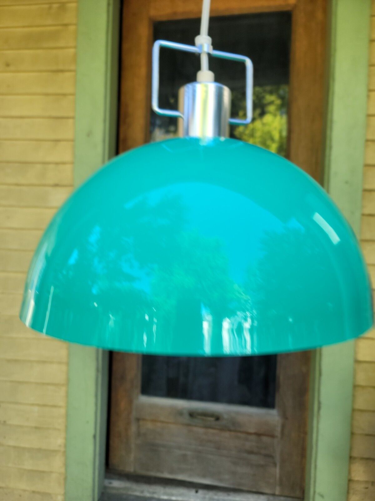 Vintage MCM Lightolier Atomic Dome Plastic Green Light Fixture Hanging Pendant 