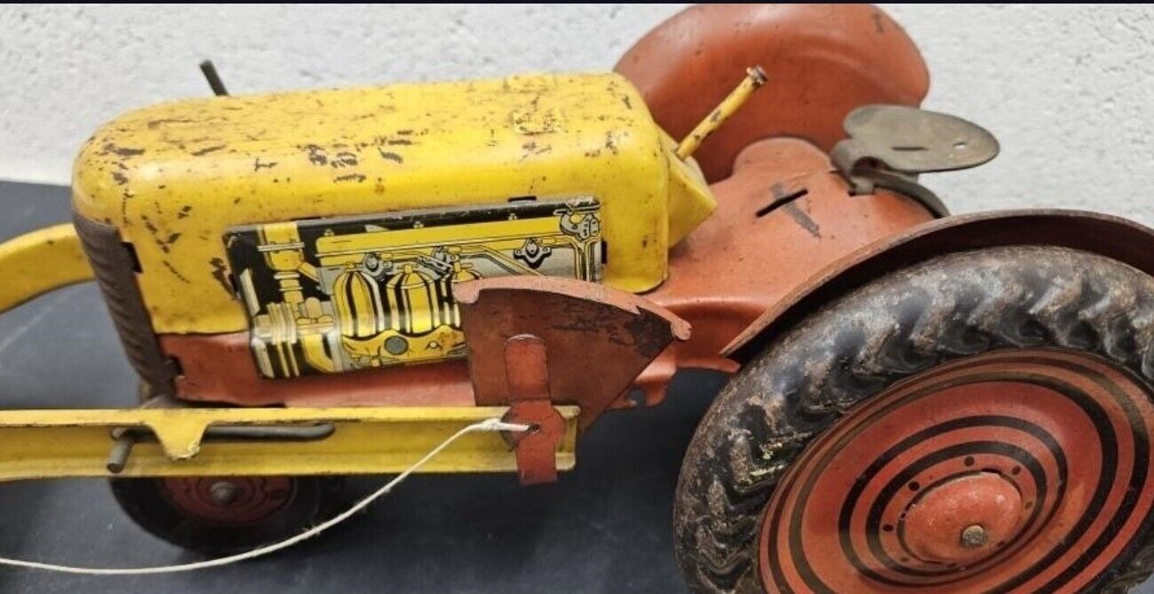 Large Vintage Marx Pressed Steel Farm Tractor With Front Loader 16" Played With 