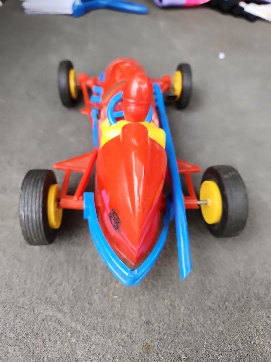 Nosco Plastics USA Wind Up Doodle-Bug Midget Race 9 1/4" Long Red Blue Vintage