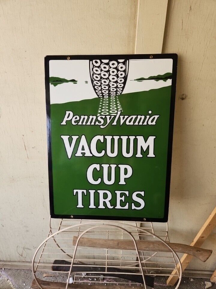 VACUUM TIRES PORCELAIN GAS MOTOR OIL AUTOMOBILE SERVICE STATION SIGN 24x18 Inch 