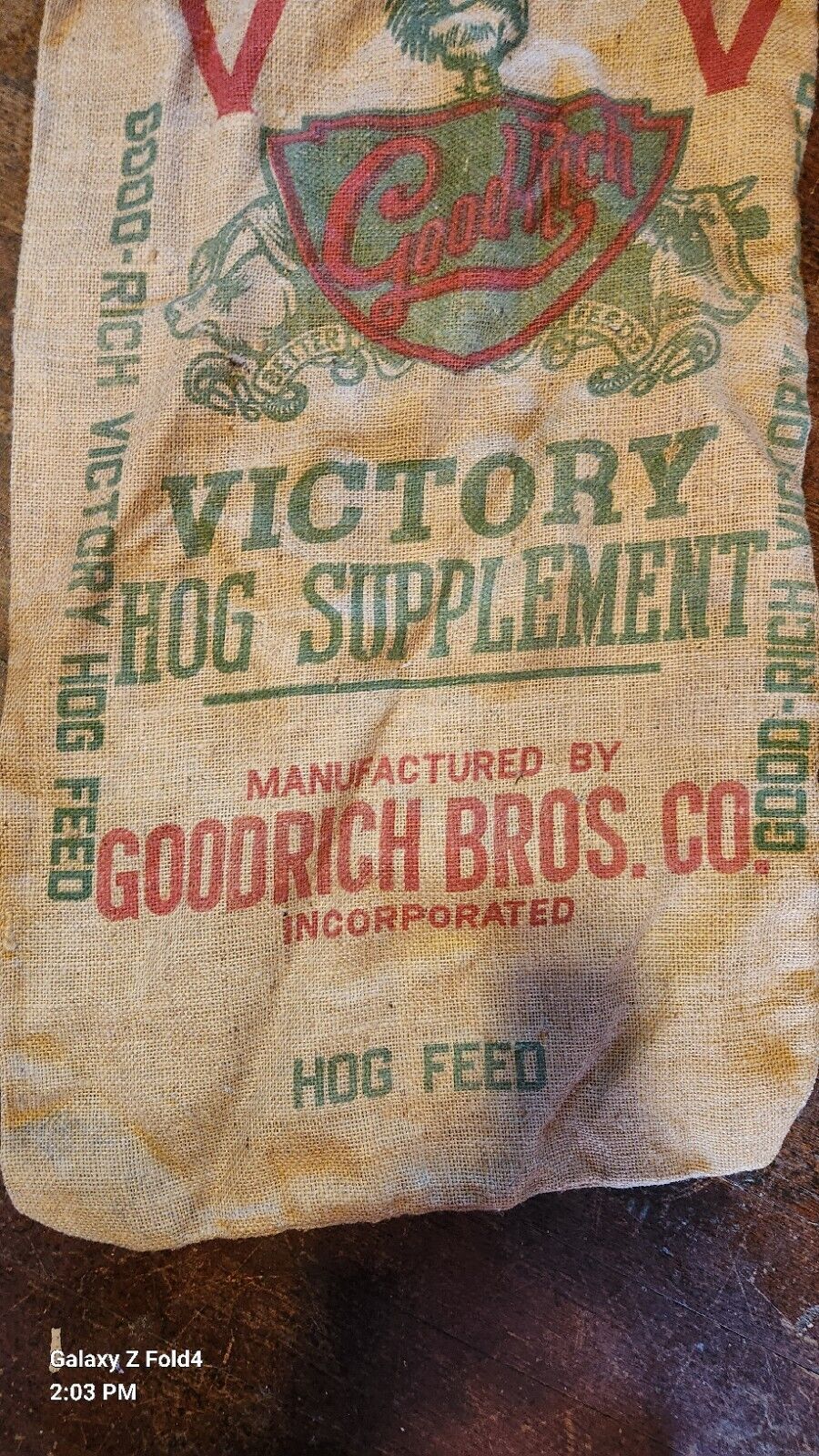 Vintage Good Rich Victory Large Burlap Sacks Wayne Seeds Hog Supplement 