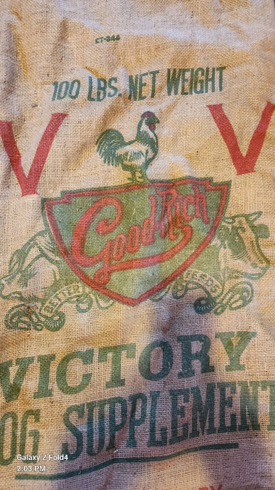 Vintage Good Rich Victory Large Burlap Sacks Wayne Seeds Hog Supplement 