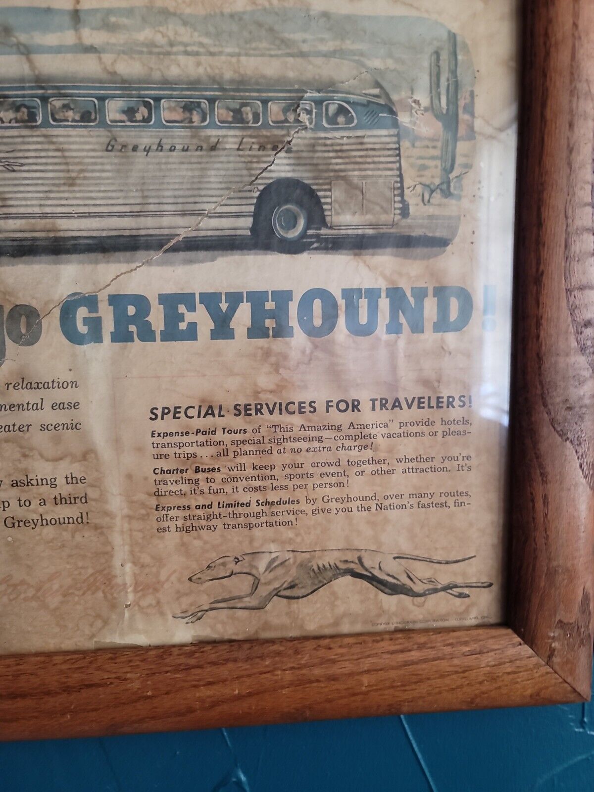 Vintage Greyhound Framed Poster 21 3/4×27 1/2 in original advertisement 