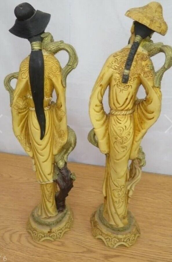 Vtg Pair of Resin Oriental Sculpture Asian Japanese Man and Woman 19 1/2" tall