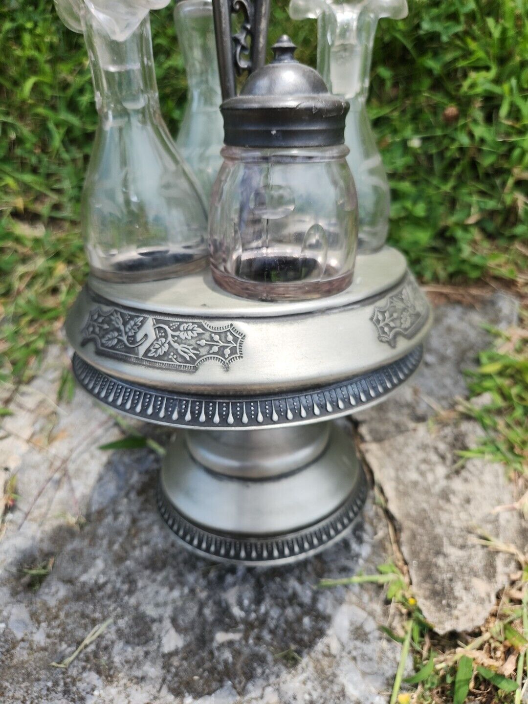 VTG Middletown Quadruple Co Rotating Condiment Server Glass & Silverplate Etched