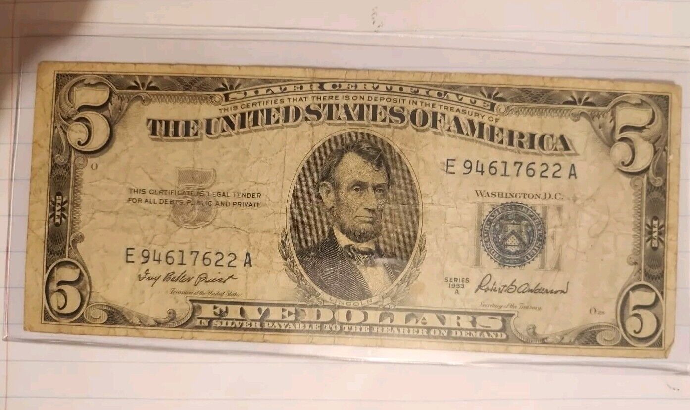 silver certificate five dollar 1953 series A blue stamp 