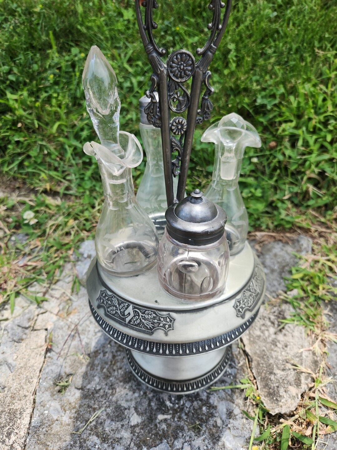 VTG Middletown Quadruple Co Rotating Condiment Server Glass & Silverplate Etched