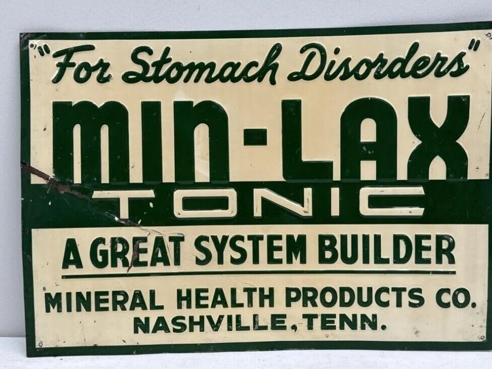 Vintage Min-Lax Tonic Embossed Tin Sign Measures 20' Across General Store Farm B