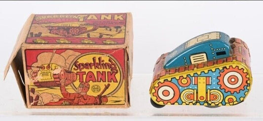 MARX 1950's SPARKLING TANK TIN MIB WINDUP TOY ORANGE BLUE Mint Condition W/ BOX 