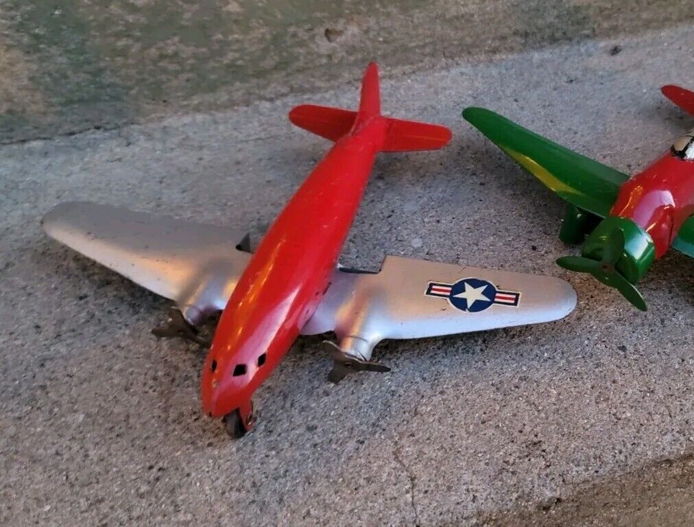 Vintage Marx Pressed Steel Airplane Toy Plane 9.5" Wing Span One Restored 