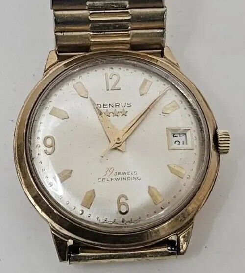 Vtg Benrus Gold Plated 39 Jewels Automatic Date Watch Series 7001 Runs Great B