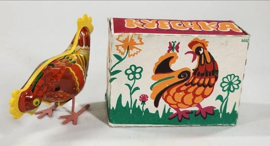 Vintage Rare Russian USSR Wind Up Tin Toy Bird Chicken WITH ORIGINAL BOX AND KEY