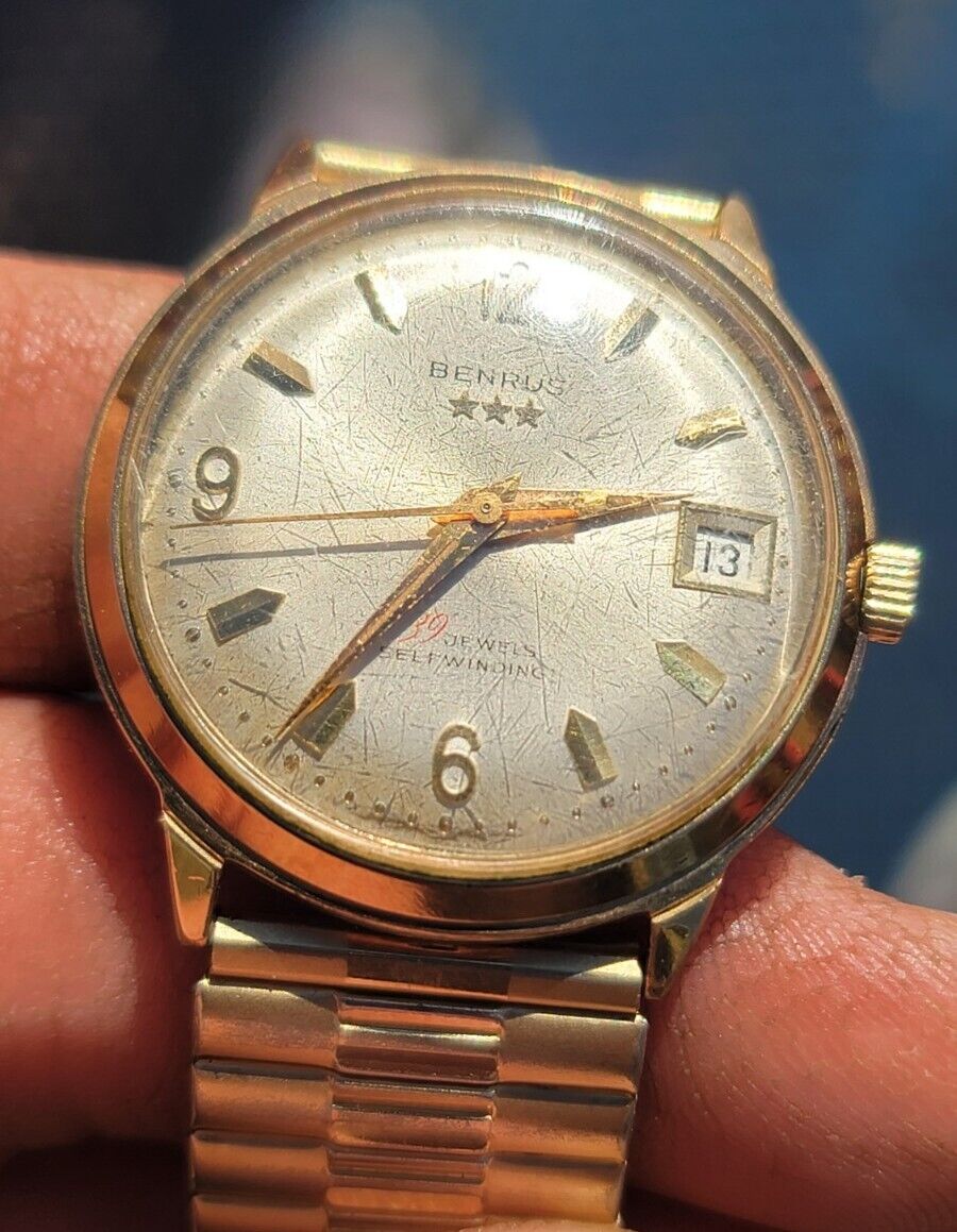 Vtg Benrus Gold Plated 39 Jewels Automatic Date Watch Series 7001 Runs Great B