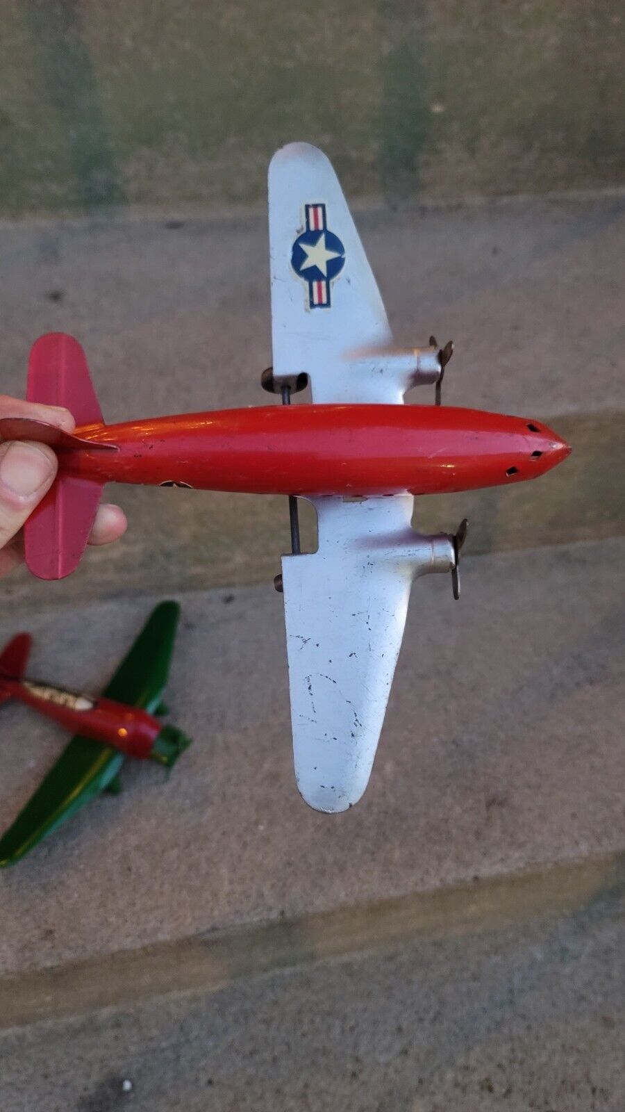 Vintage Marx Pressed Steel Airplane Toy Plane 9.5" Wing Span One Restored 