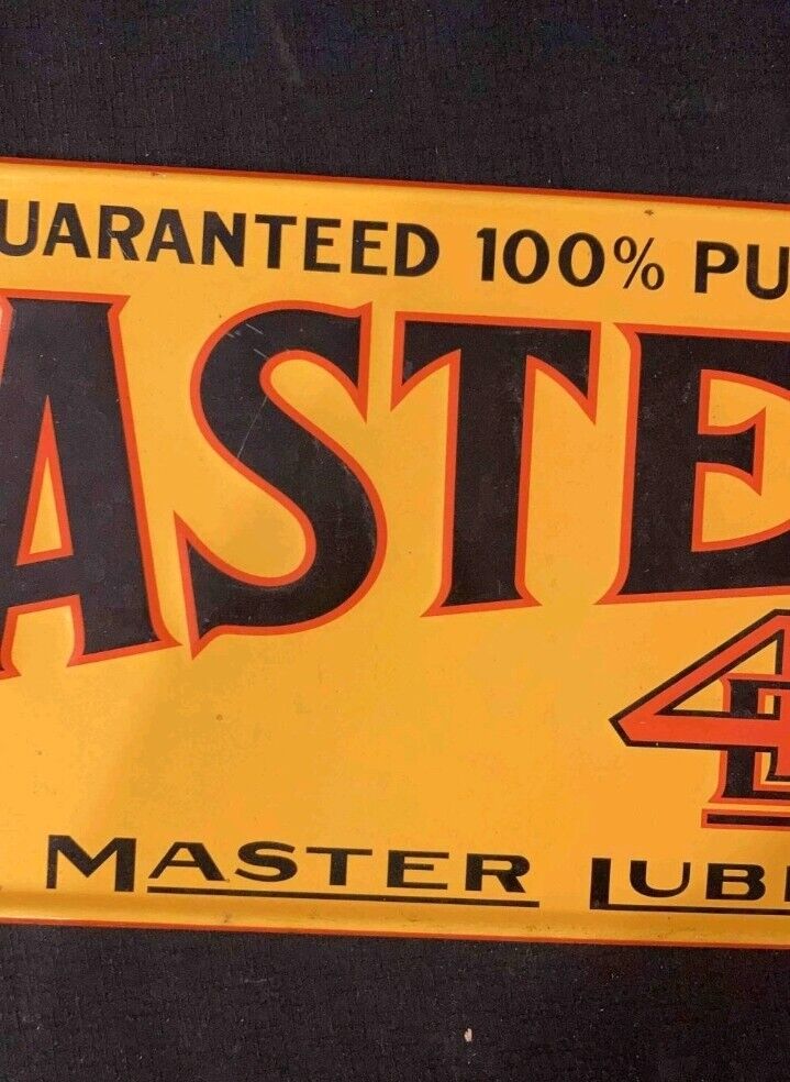 Mastermobile Master Lubricants Embossed Metal Sign 7 5/8 x 29" advertising Gas