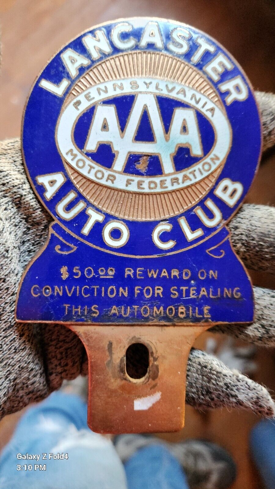 Vtg. Lancaster PA Auto Club AAA License Plate Topper Enamel Mopar Car Club Ford 