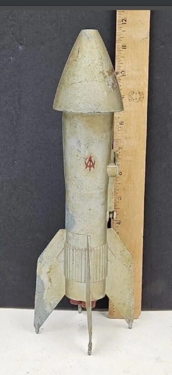 Vtg i1950's Astro Berzac Creation Metal Rocket Mechanical Coin Bank 11" No key