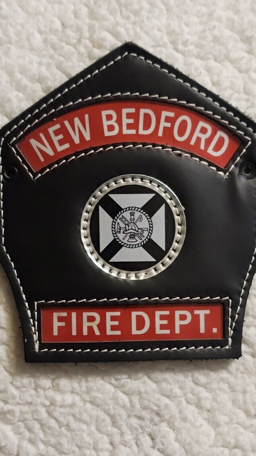 Vtg Leather Firefighter Helmet New Bedford Red & Black Silver 