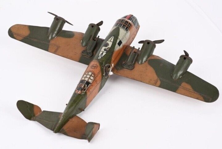 Vintage  Marx Tin Litho Army Military Toy wind-up Airplane Camo.