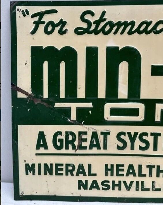 Vintage Min-Lax Tonic Embossed Tin Sign Measures 20' Across General Store Farm B